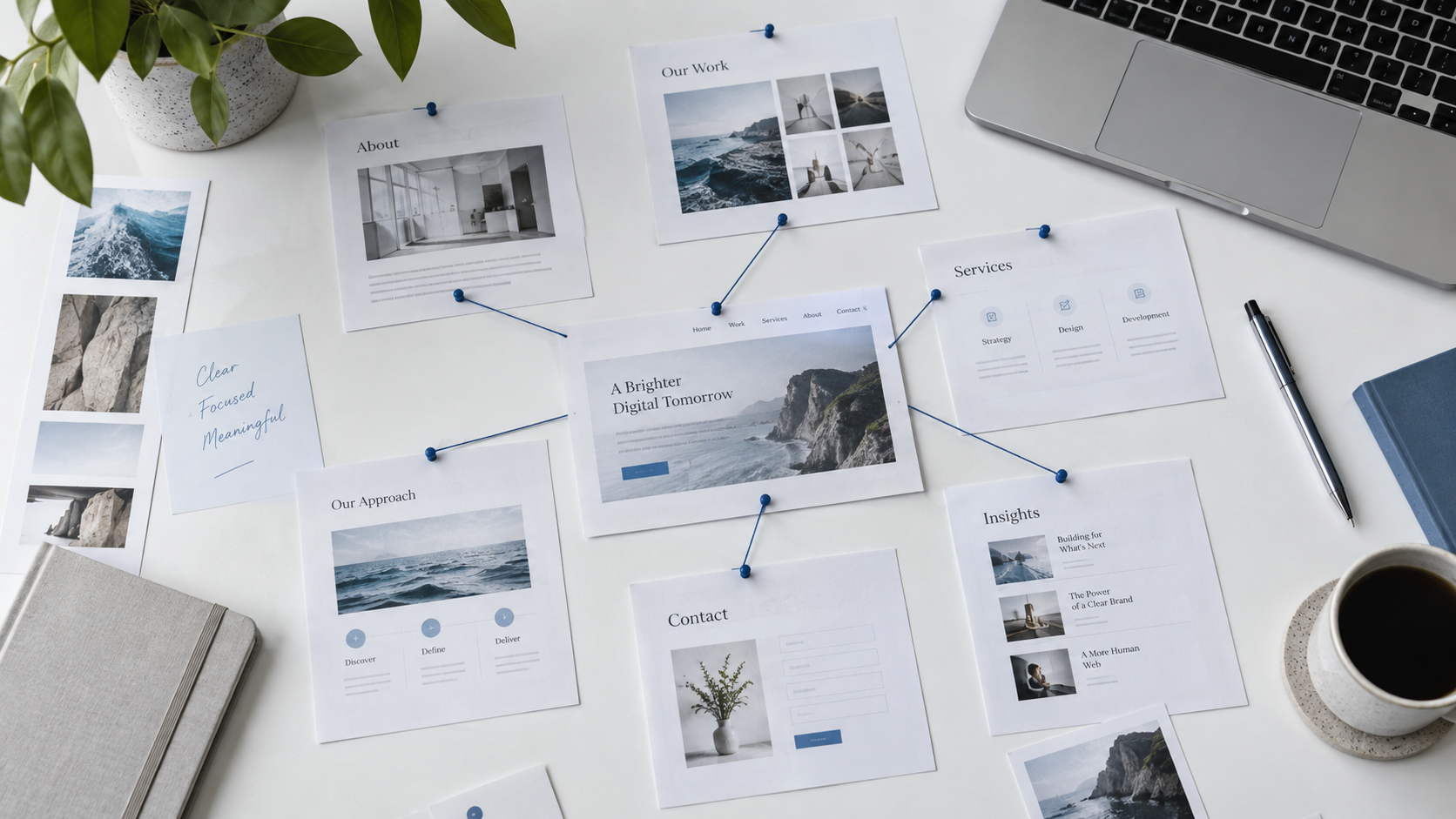 Ausgedruckte Webseiten, die durch blaue Fäden miteinander verbunden sind