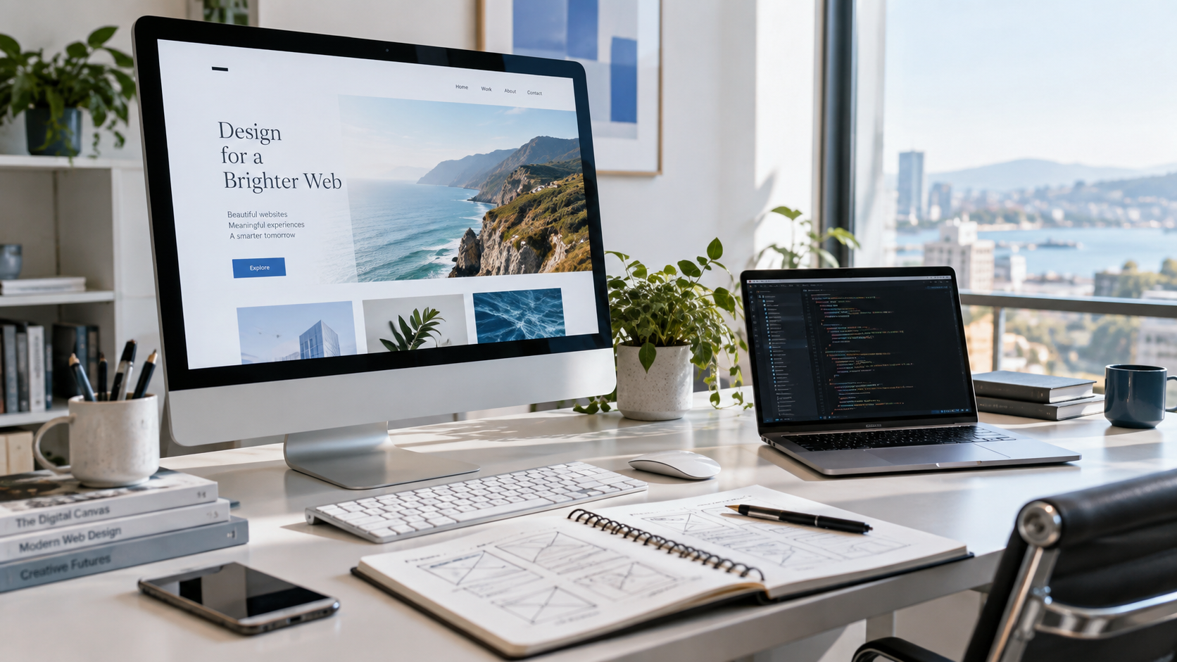Arbeitsplatz mit Website auf einem Monitor und Code auf einem Laptop