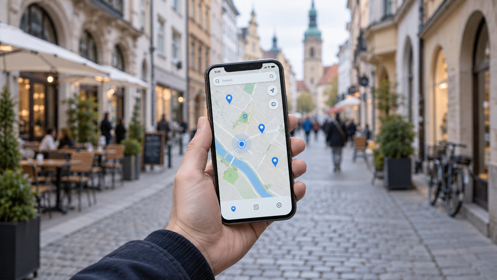 Smartphone mit Kartenansicht vor einer Einkaufsstraße