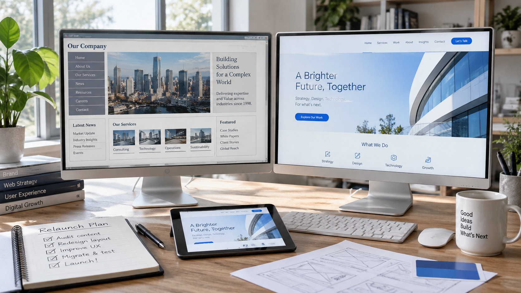 Vergleich einer bisherigen und einer neuen Website auf zwei Monitoren